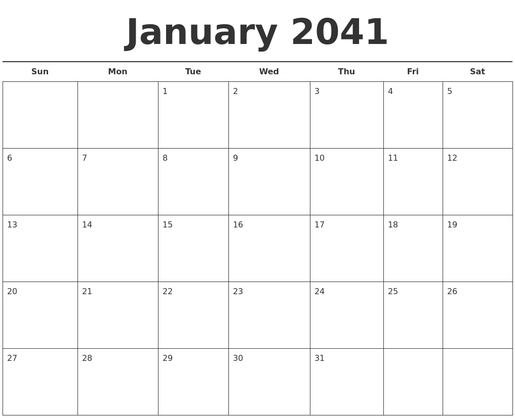 January 2041 Free Calendar Template