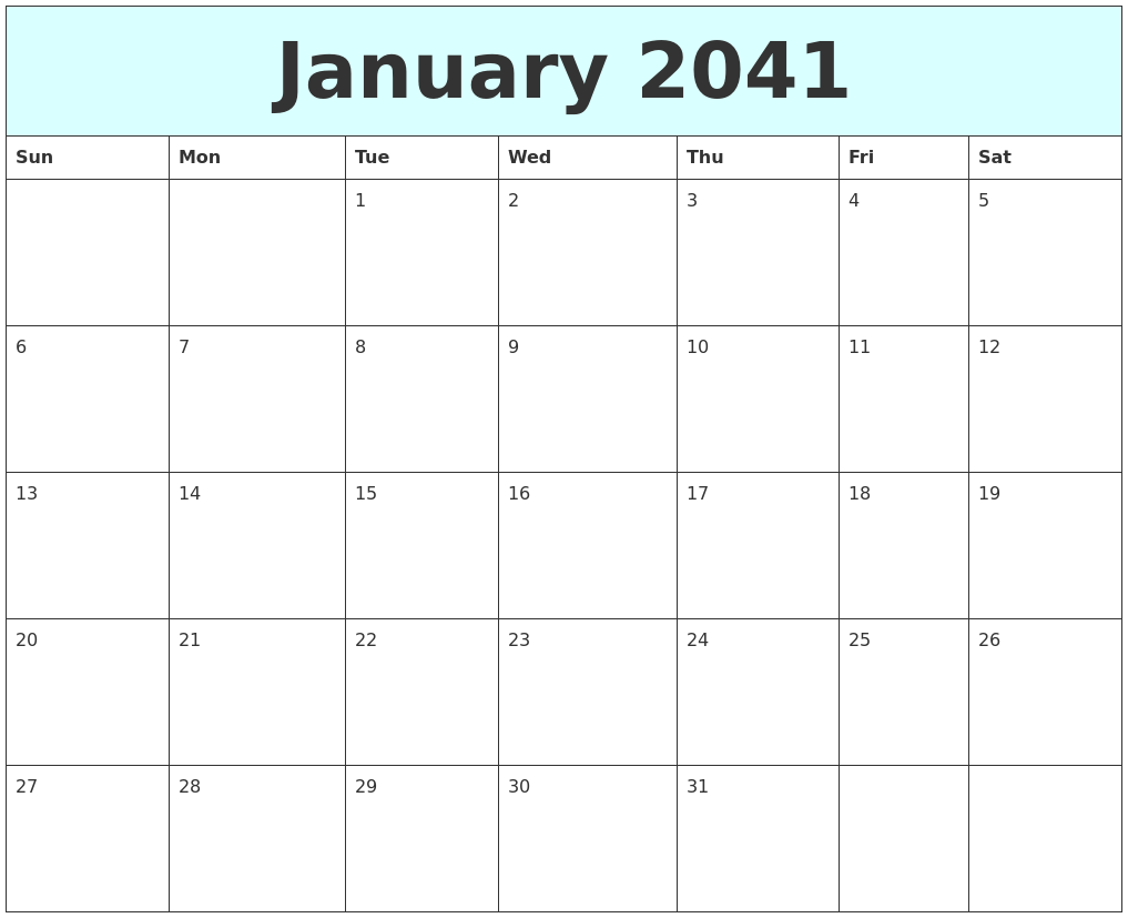 January 2041 Free Calendar