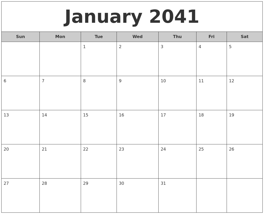 January 2041 Free Monthly Calendar