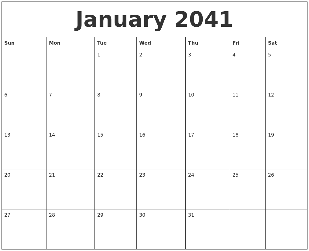 January 2041 Free Weekly Calendar