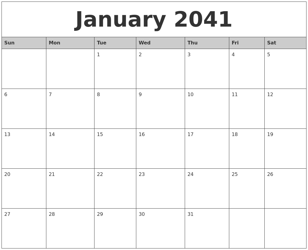 January 2041 Monthly Calendar Printable