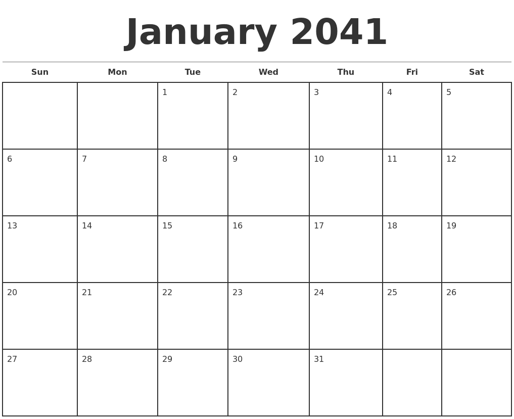 January 2041 Monthly Calendar Template