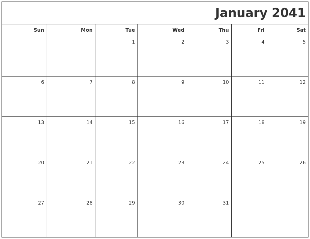 January 2041 Printable Blank Calendar