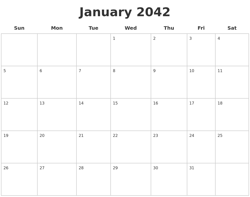 January 2042 Blank Calendar Pages
