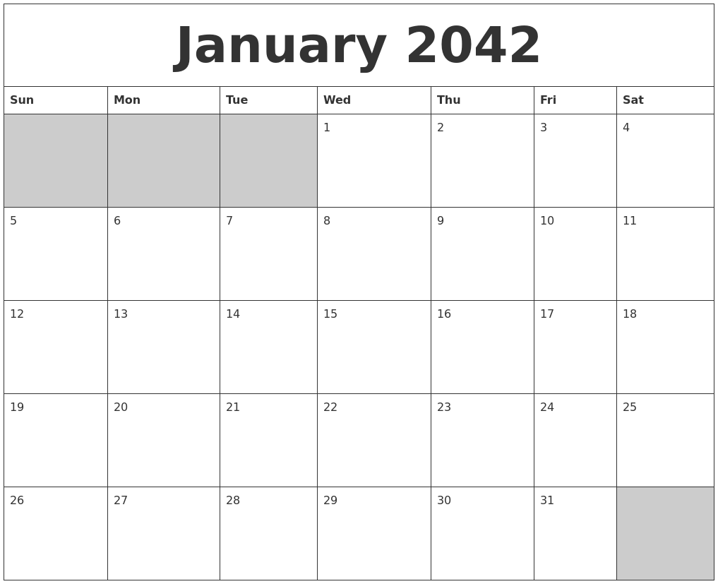January 2042 Blank Printable Calendar