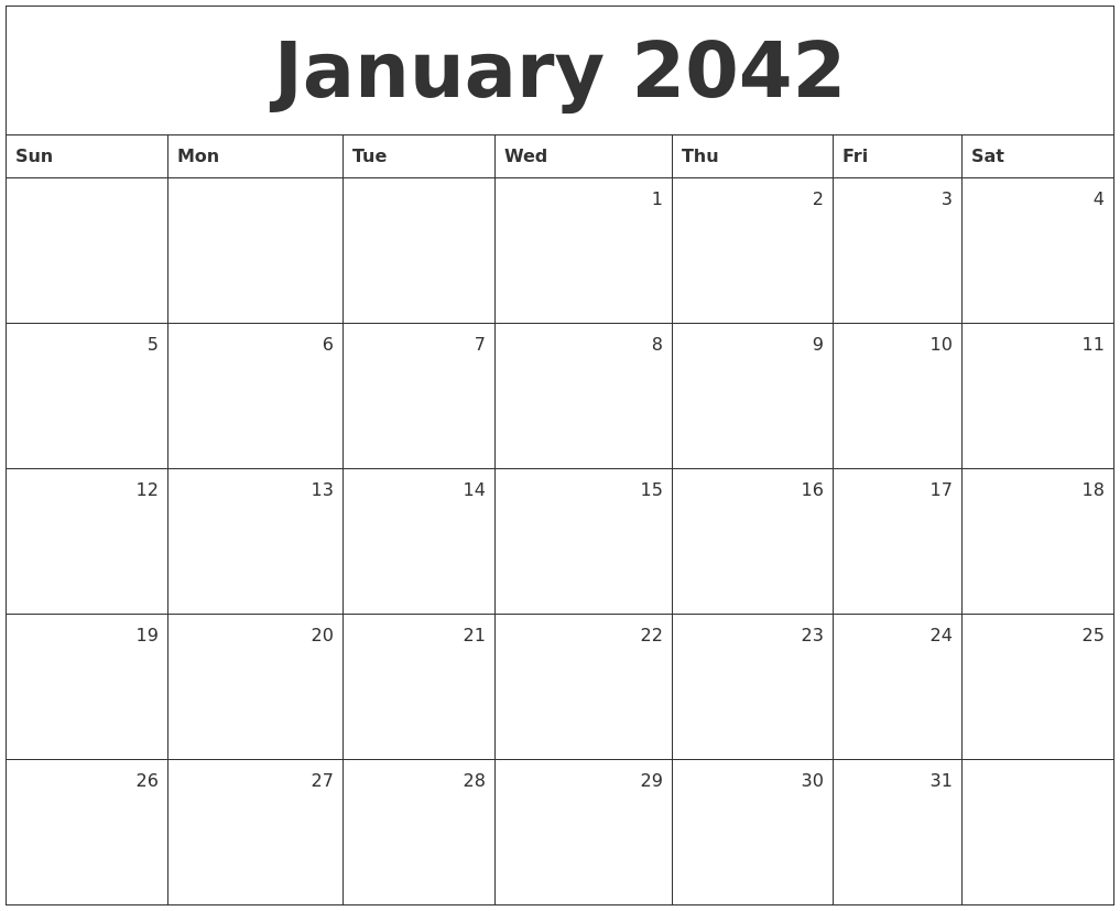 January 2042 Monthly Calendar