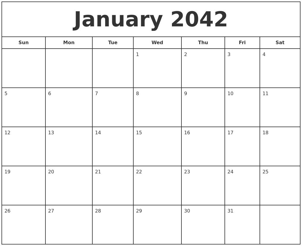 January 2042 Print Free Calendar