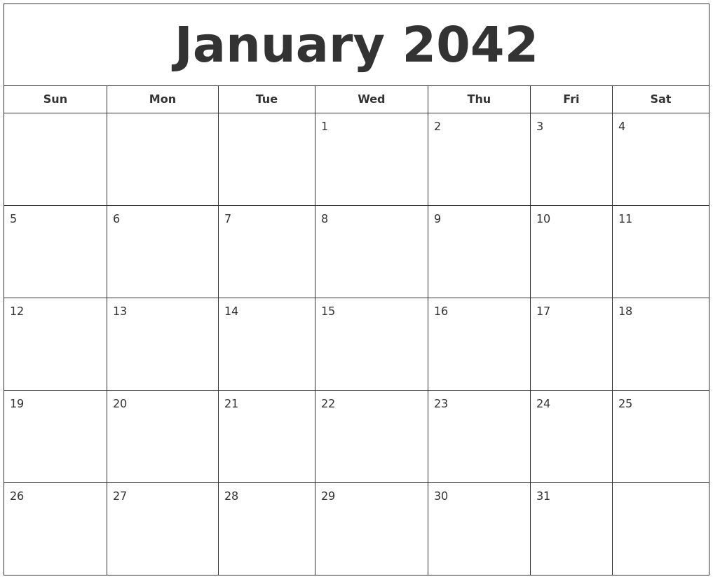 January 2042 Printable Calendar