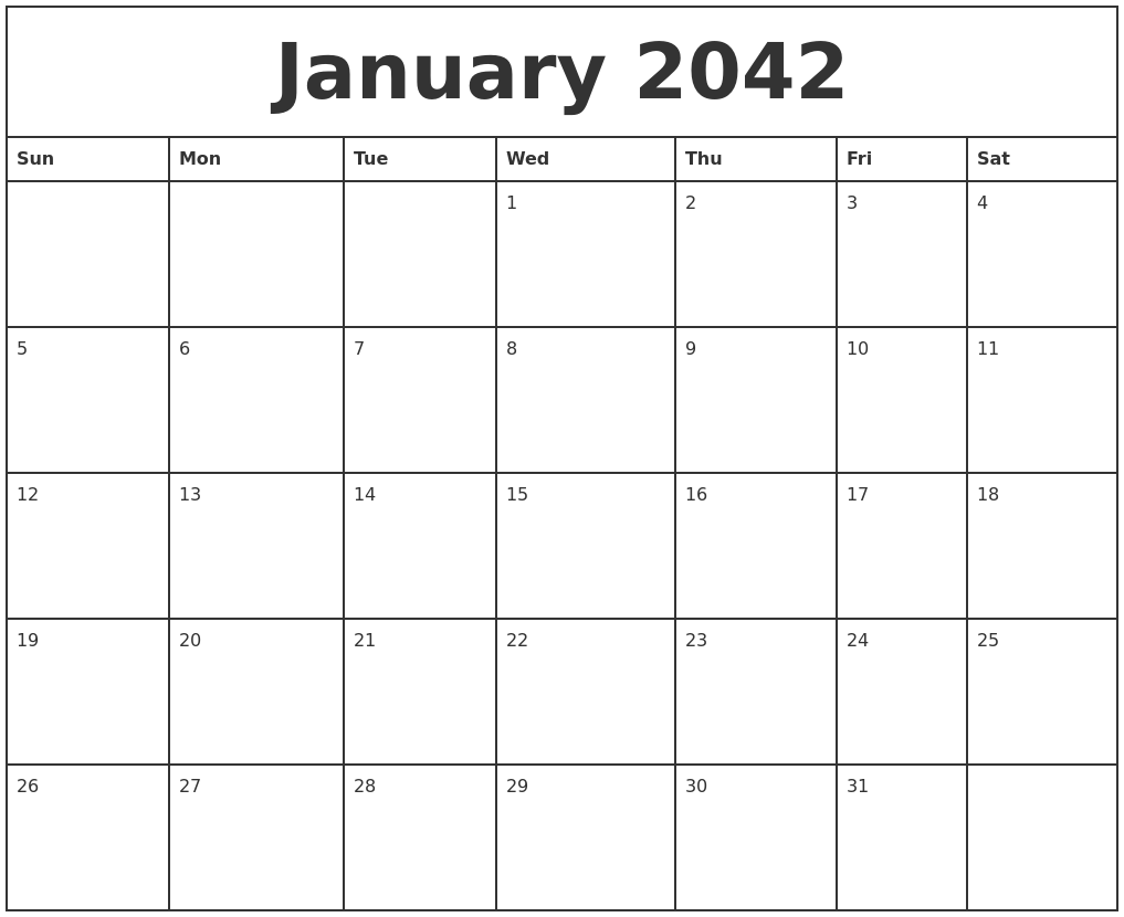 January 2042 Printable Monthly Calendar