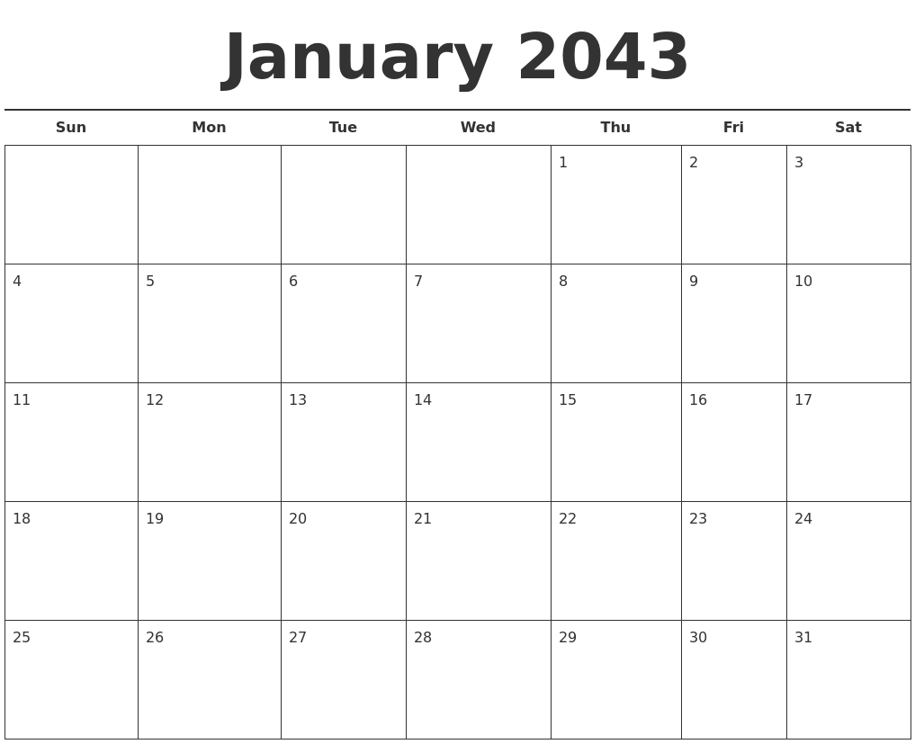 January 2043 Free Calendar Template