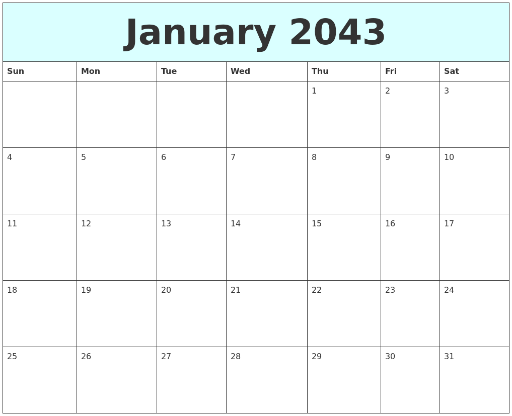 January 2043 Free Calendar