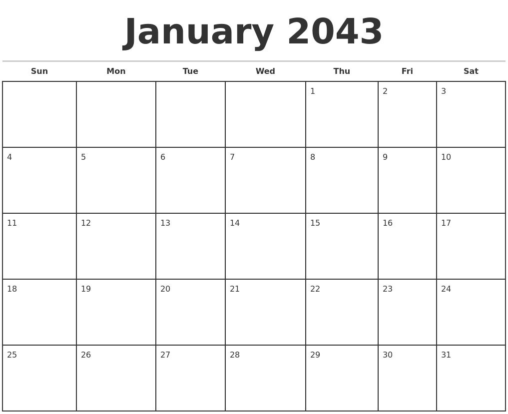 January 2043 Monthly Calendar Template