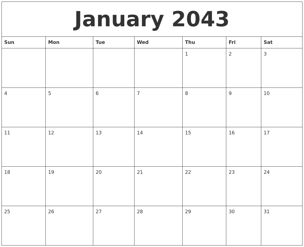 January 2043 Weekly Calendars