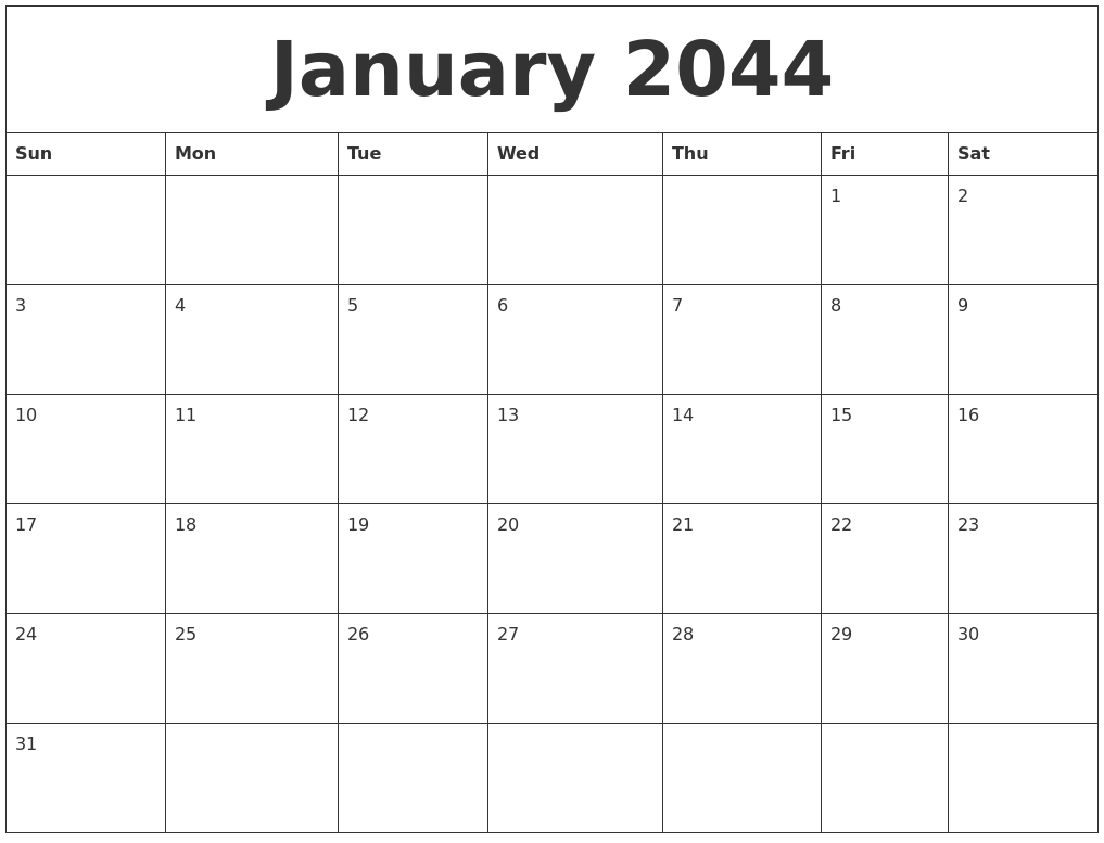January 2044 Calendar Printable Free
