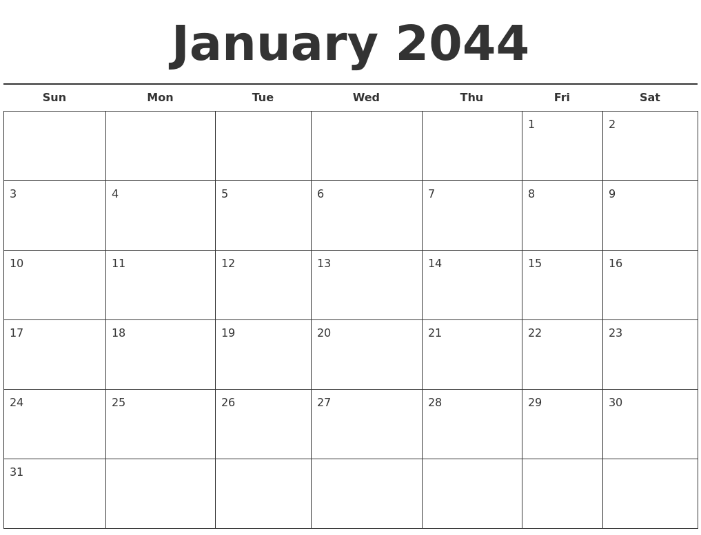 January 2044 Free Calendar Template