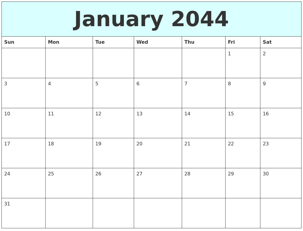 January 2044 Free Calendar