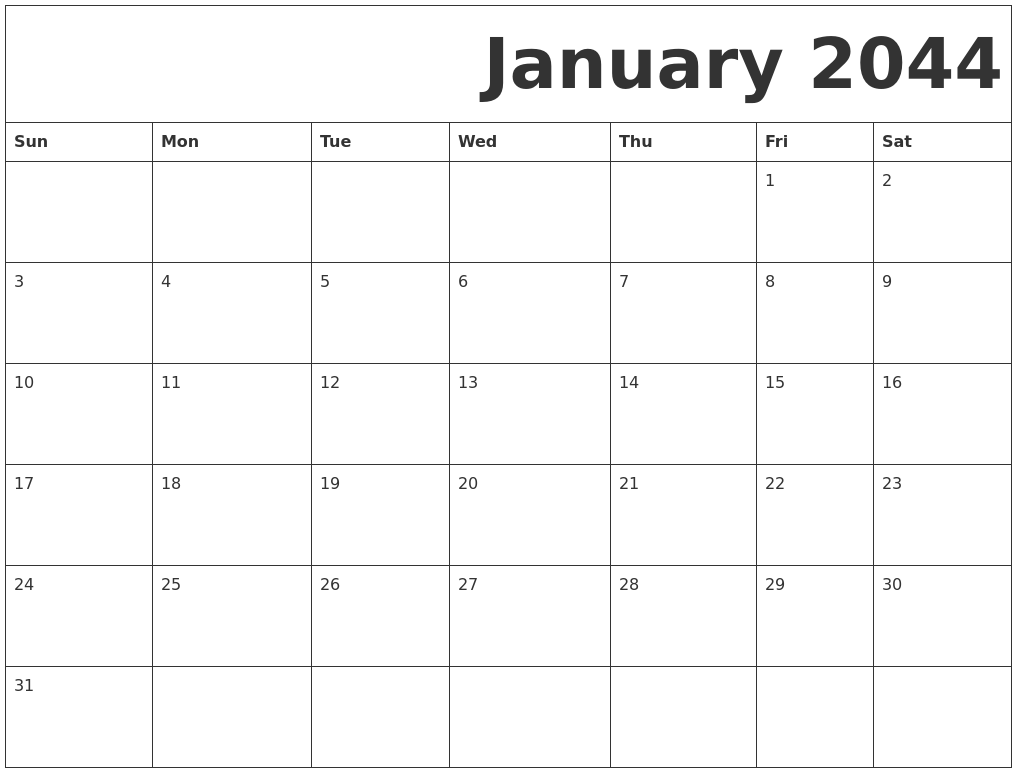 January 2044 Free Printable Calendar