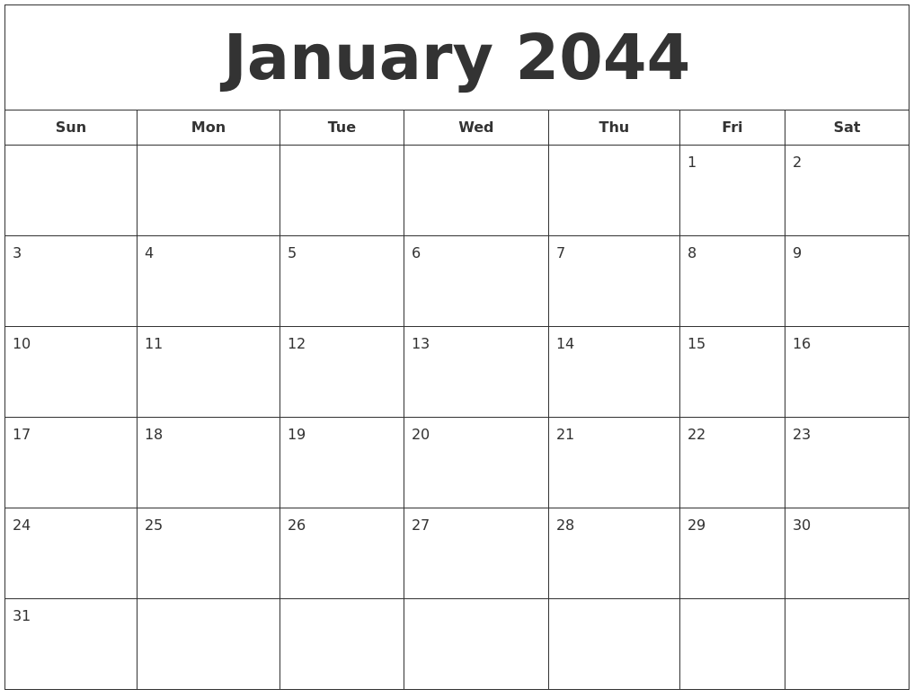 January 2044 Printable Calendar