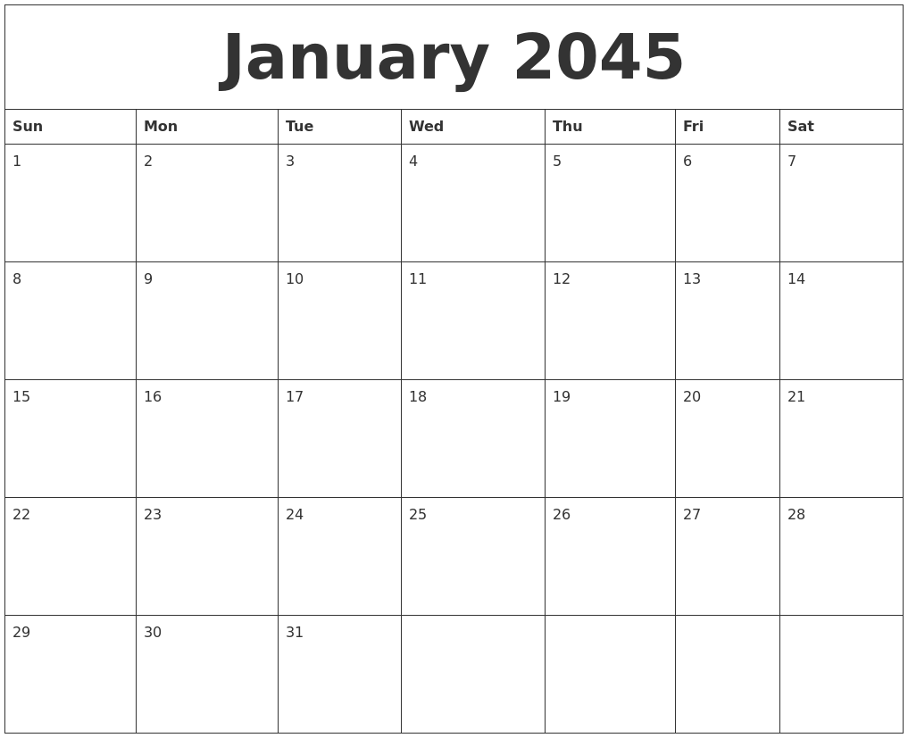 January 2045 Calendar Printable Free
