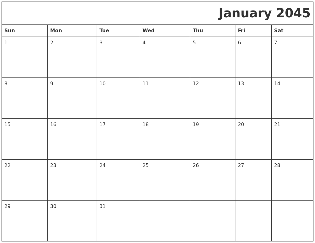 January 2045 Download Calendar