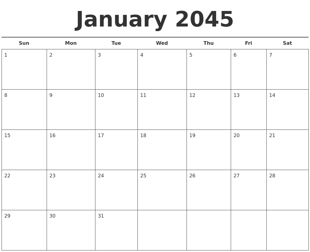 January 2045 Free Calendar Template