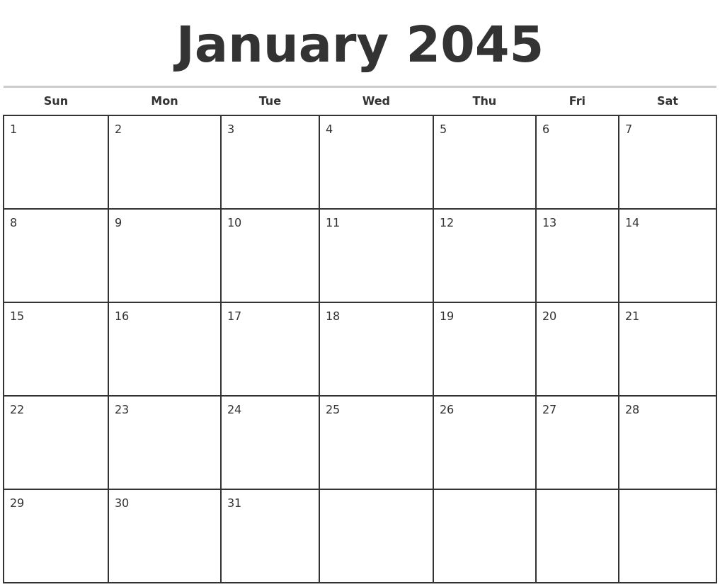 January 2045 Monthly Calendar Template