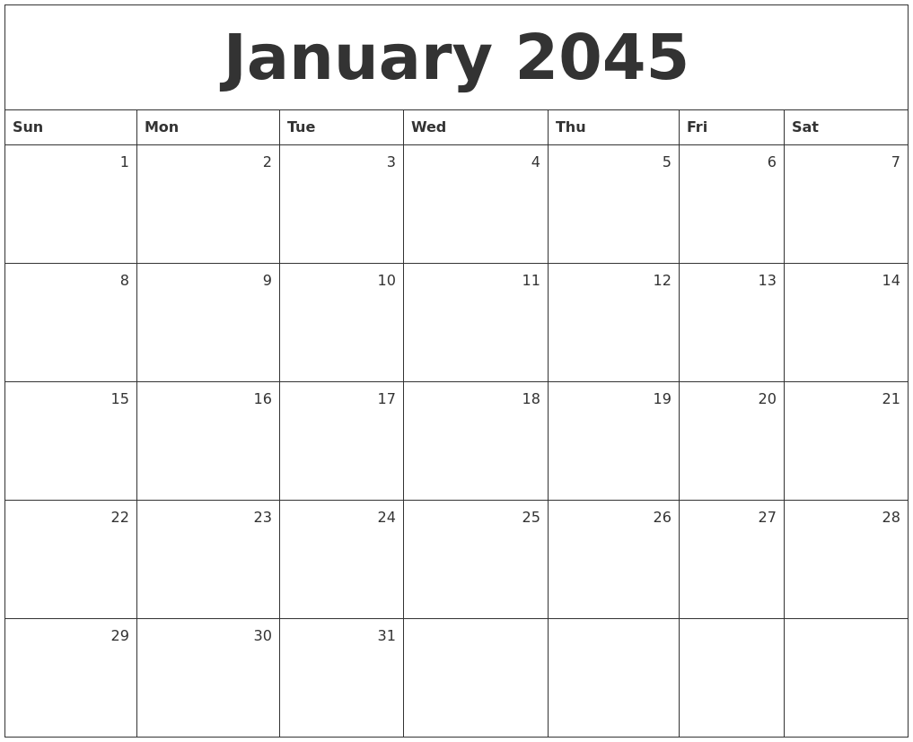 January 2045 Monthly Calendar