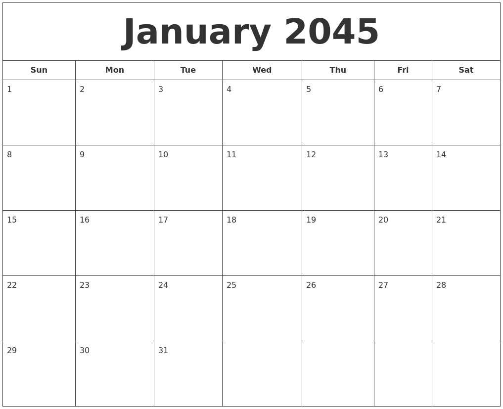January 2045 Printable Calendar