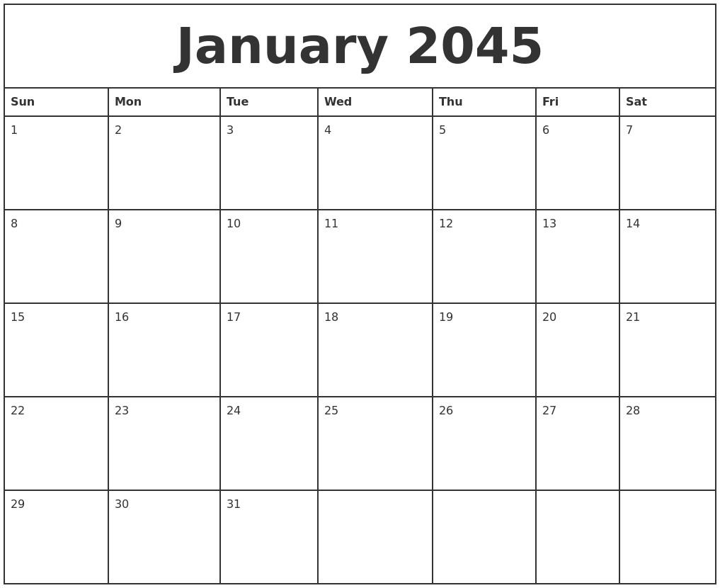 January 2045 Printable Monthly Calendar