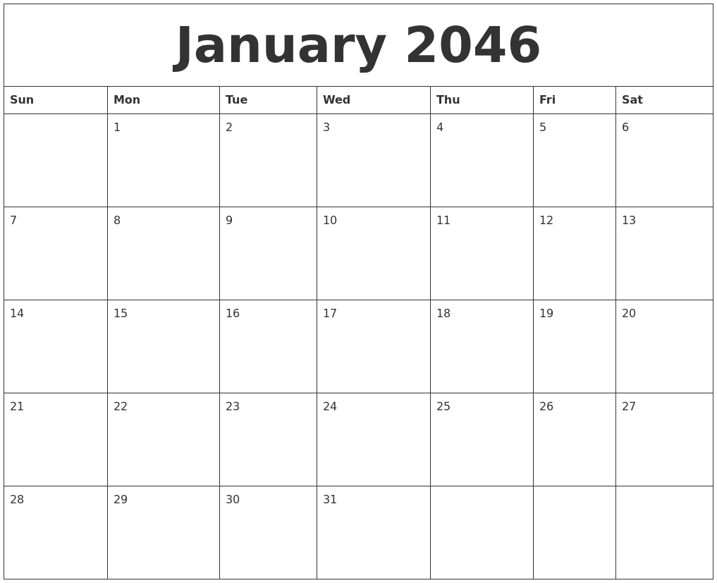 January 2046 Free Calendar Download