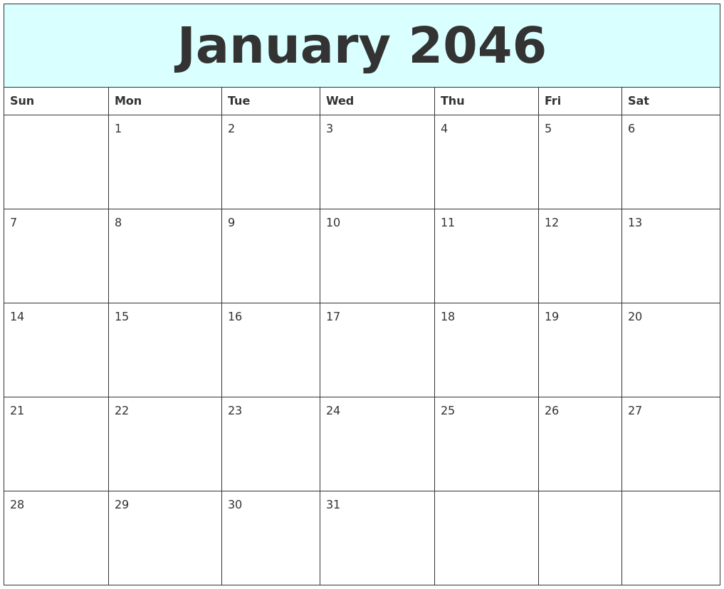 January 2046 Free Calendar