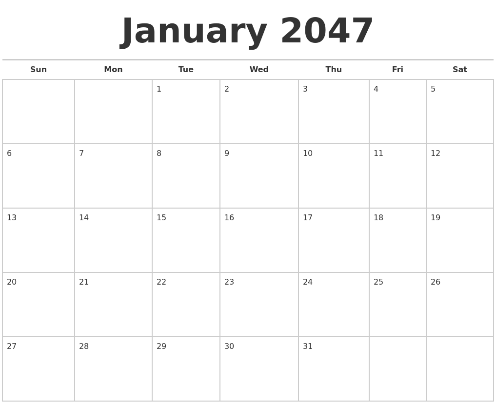 January 2047 Calendars Free