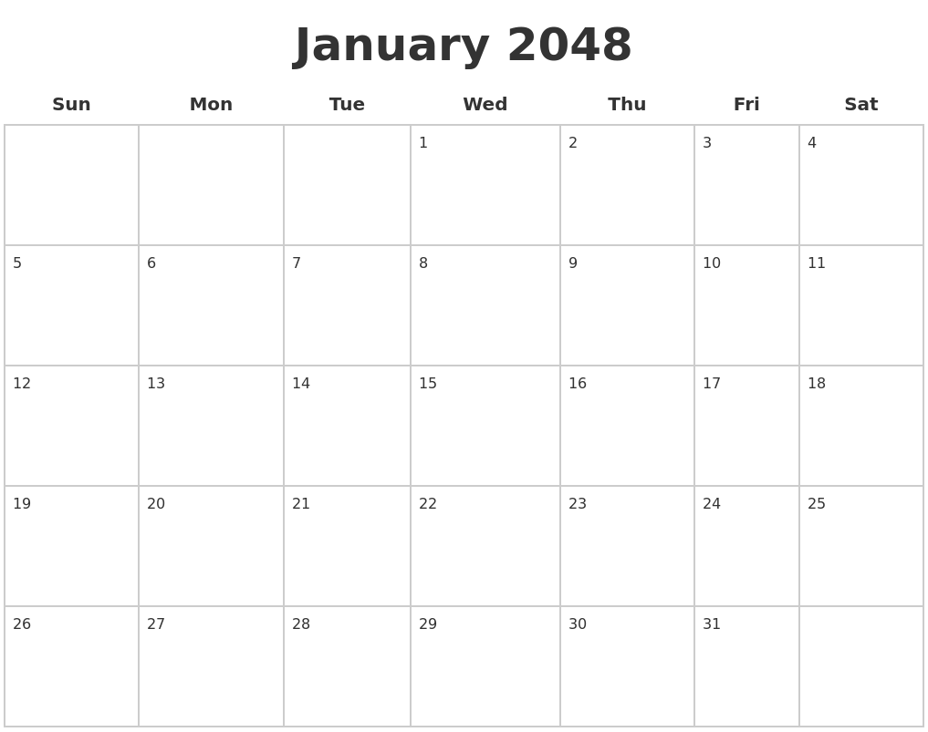 January 2048 Blank Calendar Pages