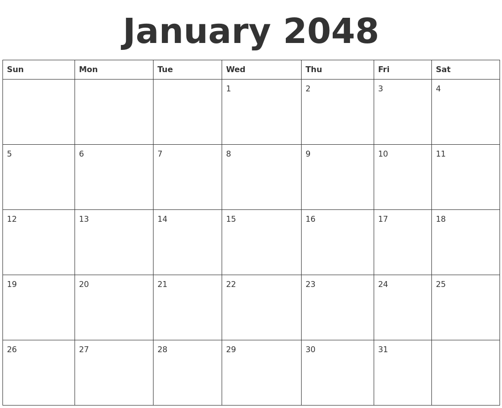 January 2048 Blank Calendar Template