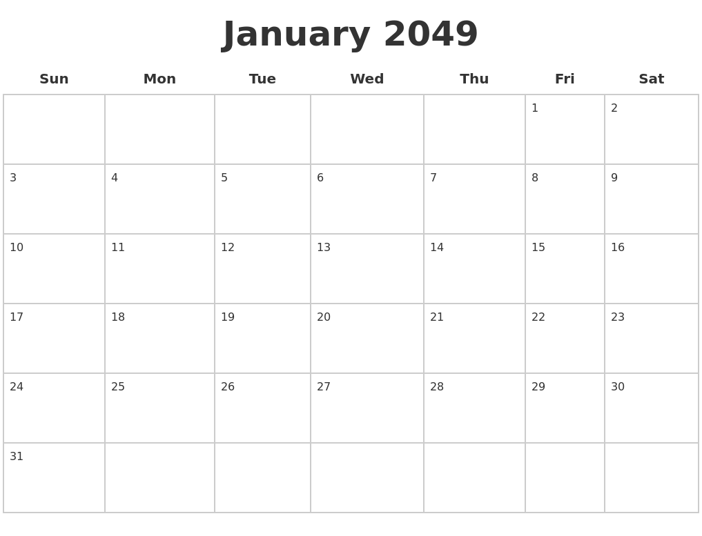 January 2049 Blank Calendar Pages