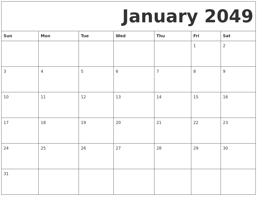 January 2049 Free Printable Calendar