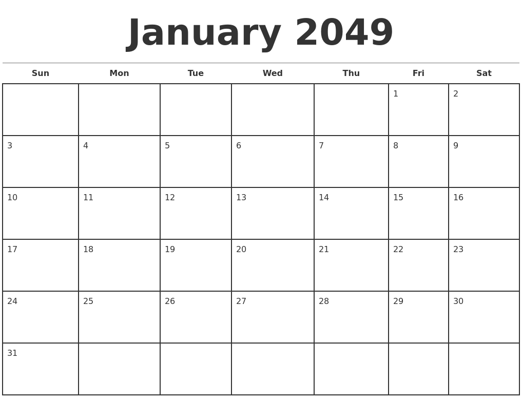 January 2049 Monthly Calendar Template