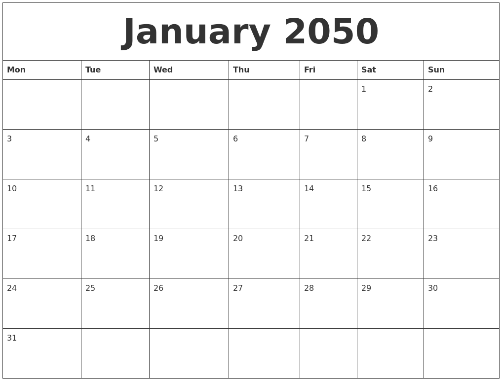 January 2050 Calendar