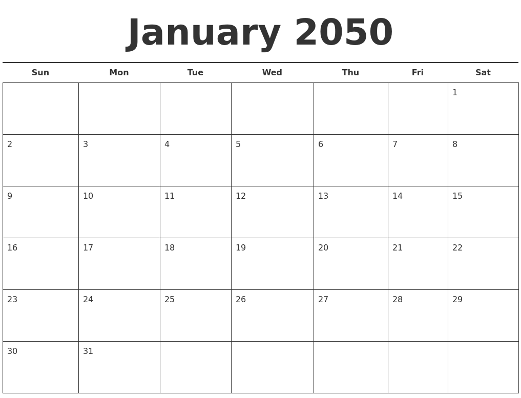 January 2050 Free Calendar Template