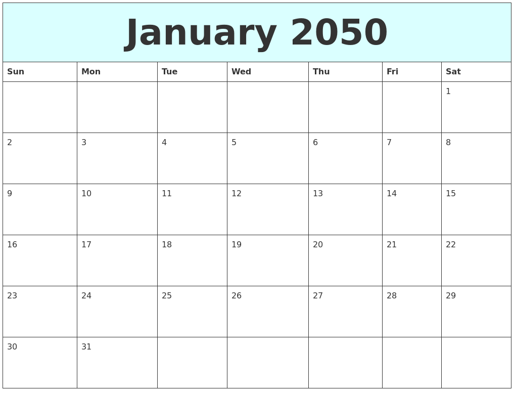 January 2050 Free Calendar