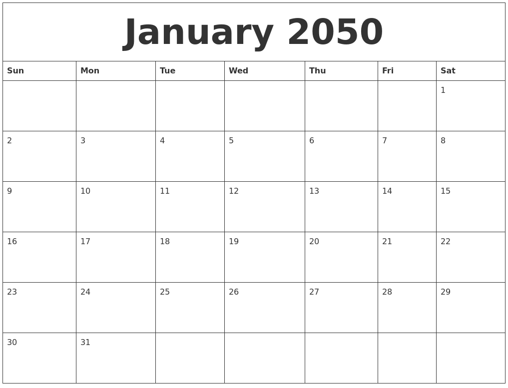 January 2050 Free Monthly Calendar Template