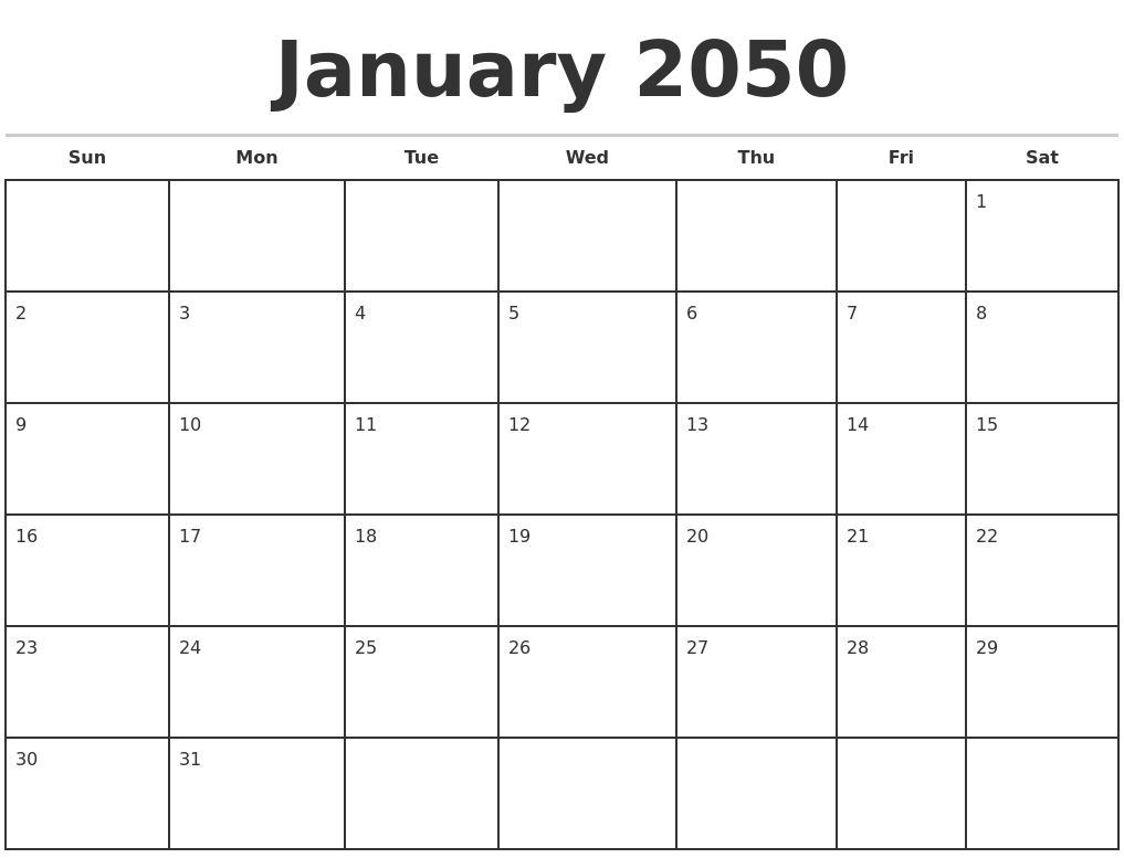 January 2050 Monthly Calendar Template