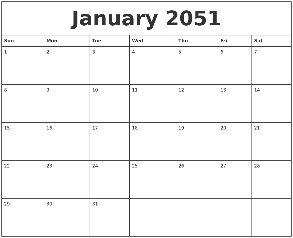 January 2051 Blank Monthly Calendar Pdf