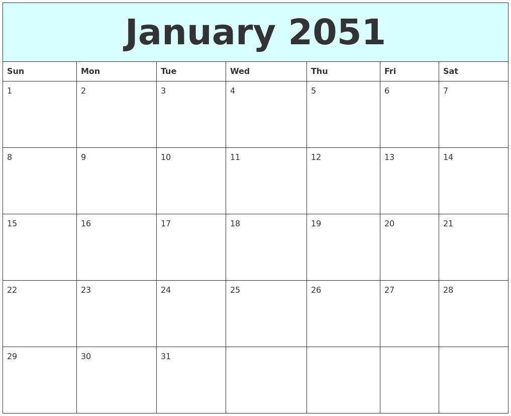 January 2051 Free Calendar