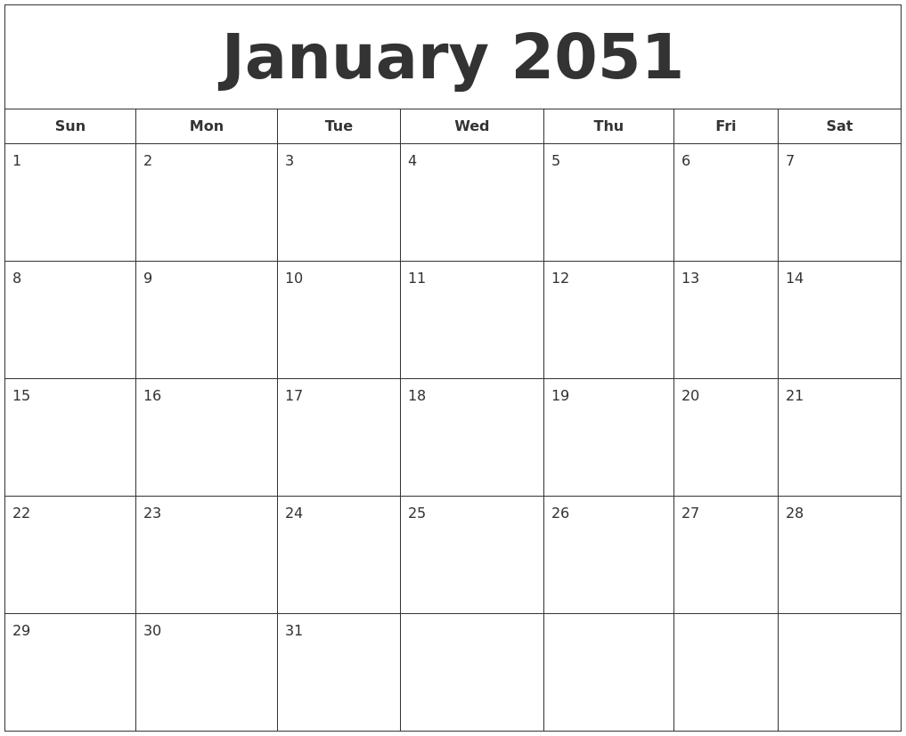 January 2051 Printable Calendar