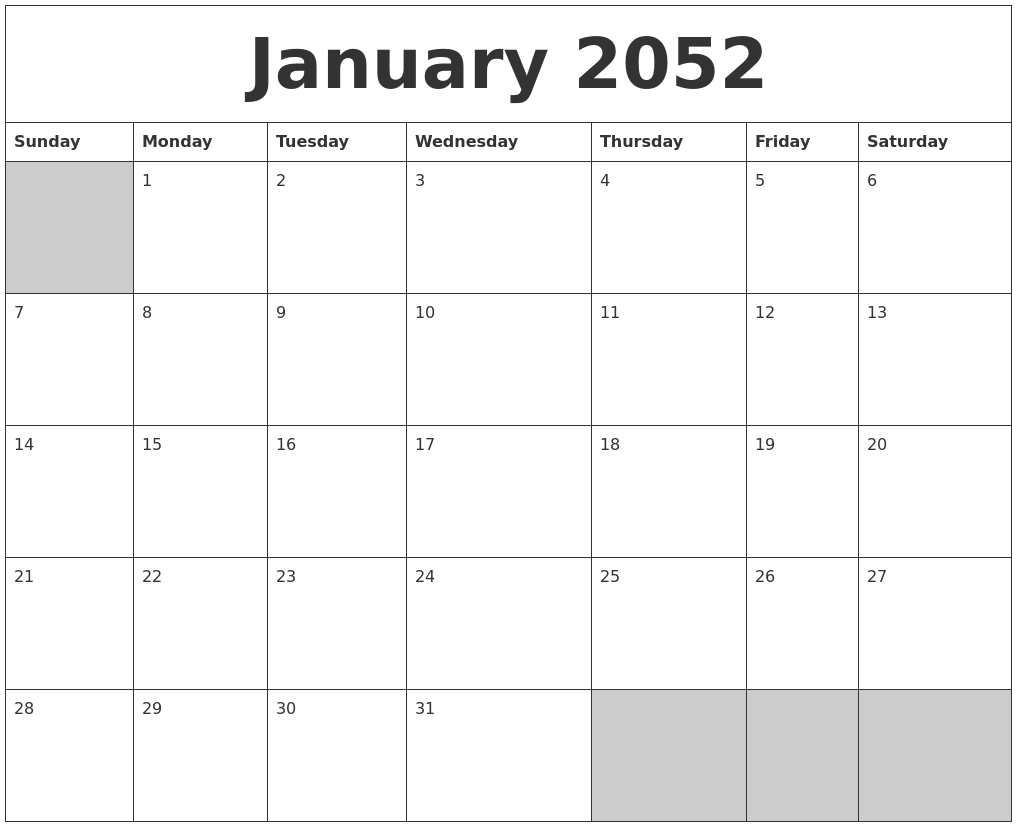 January 2052 Blank Printable Calendar