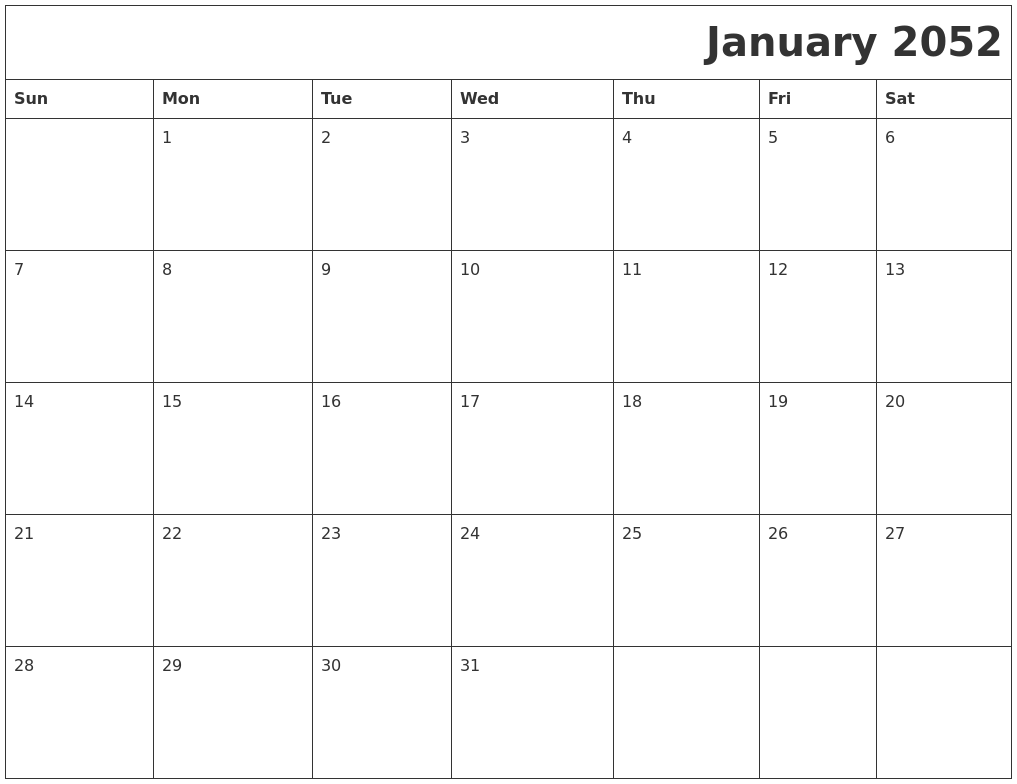 January 2052 Download Calendar