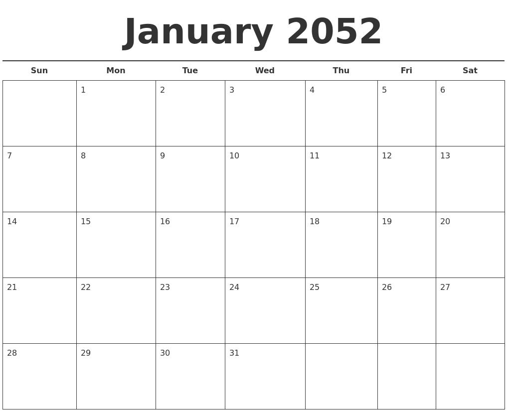 January 2052 Free Calendar Template