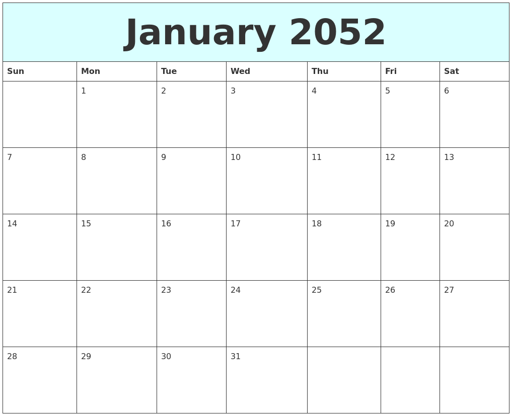 January 2052 Free Calendar