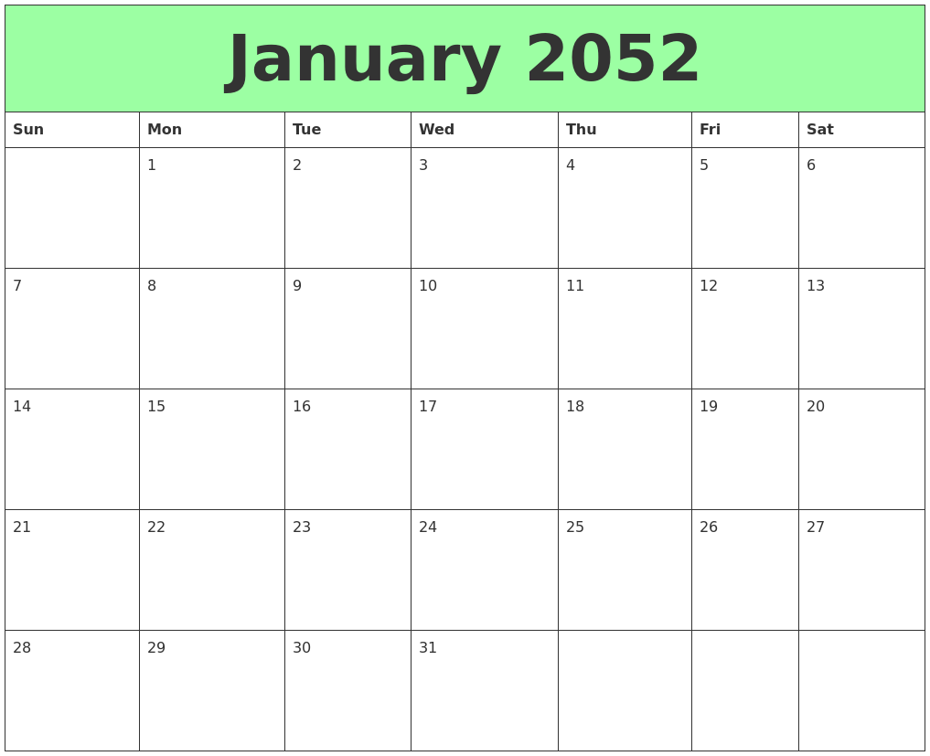 January 2052 Printable Calendars